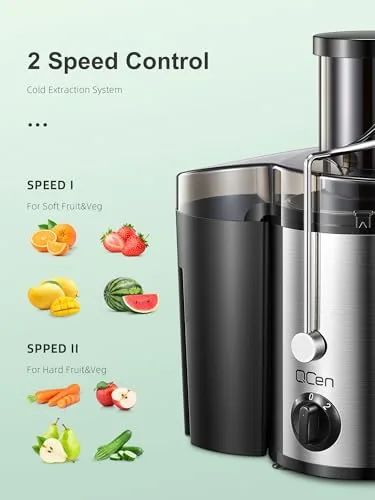 QCen ▫️ Extrator de sumo centrífugo de 800 W com ampla abertura de 3 polegadas, fácil de limpar, em aço inoxidável, sem BPA, ideal para frutas e legumes (Sliver, 500 W) 3