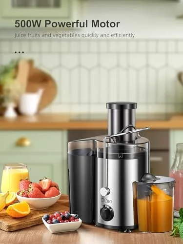 QCen ▫️ Extrator de sumo centrífugo de 800 W com ampla abertura de 3 polegadas, fácil de limpar, em aço inoxidável, sem BPA, ideal para frutas e legumes (Sliver, 500 W) 6