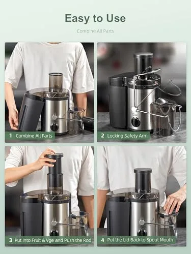 QCen ▫️ Extrator de sumo centrífugo de 800 W com ampla abertura de 3 polegadas, fácil de limpar, em aço inoxidável, sem BPA, ideal para frutas e legumes (Sliver, 500 W) 7
