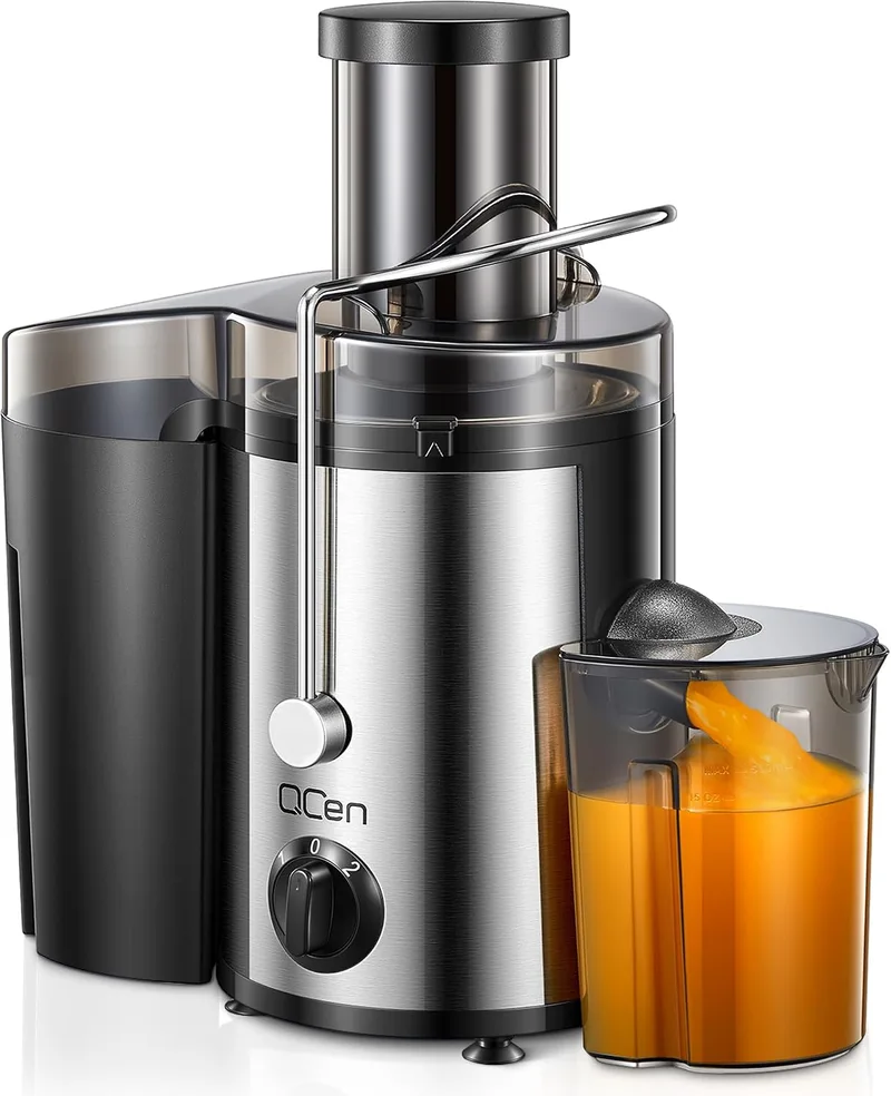 QCen ▫️ Extrator de sumo centrífugo de 800 W com ampla abertura de 3 polegadas, fácil de limpar, em aço inoxidável, sem BPA, ideal para frutas e legumes (Sliver, 500 W)