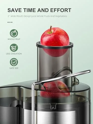 QCen ▫️ Extrator de sumo centrífugo de 800 W com ampla abertura de 3 polegadas, fácil de limpar, em aço inoxidável, sem BPA, ideal para frutas e legumes (Sliver, 800 W) 2
