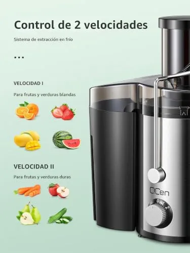 QCen ▫️ Extrator de sumo centrífugo de 800 W com ampla abertura de 3 polegadas, fácil de limpar, em aço inoxidável, sem BPA, ideal para frutas e legumes (Sliver, 800 W) 3
