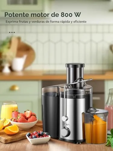 QCen ▫️ Extrator de sumo centrífugo de 800 W com ampla abertura de 3 polegadas, fácil de limpar, em aço inoxidável, sem BPA, ideal para frutas e legumes (Sliver, 800 W) 6