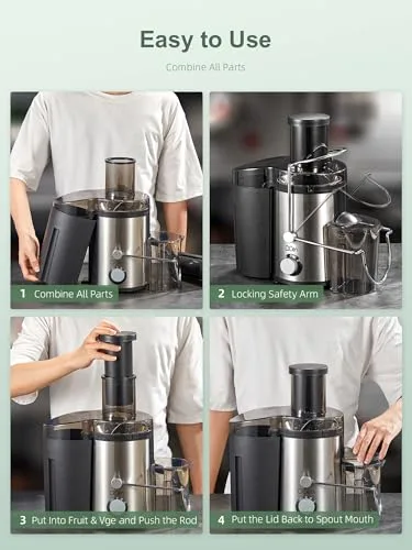 QCen ▫️ Extrator de sumo centrífugo de 800 W com ampla abertura de 3 polegadas, fácil de limpar, em aço inoxidável, sem BPA, ideal para frutas e legumes (Sliver, 800 W) 7
