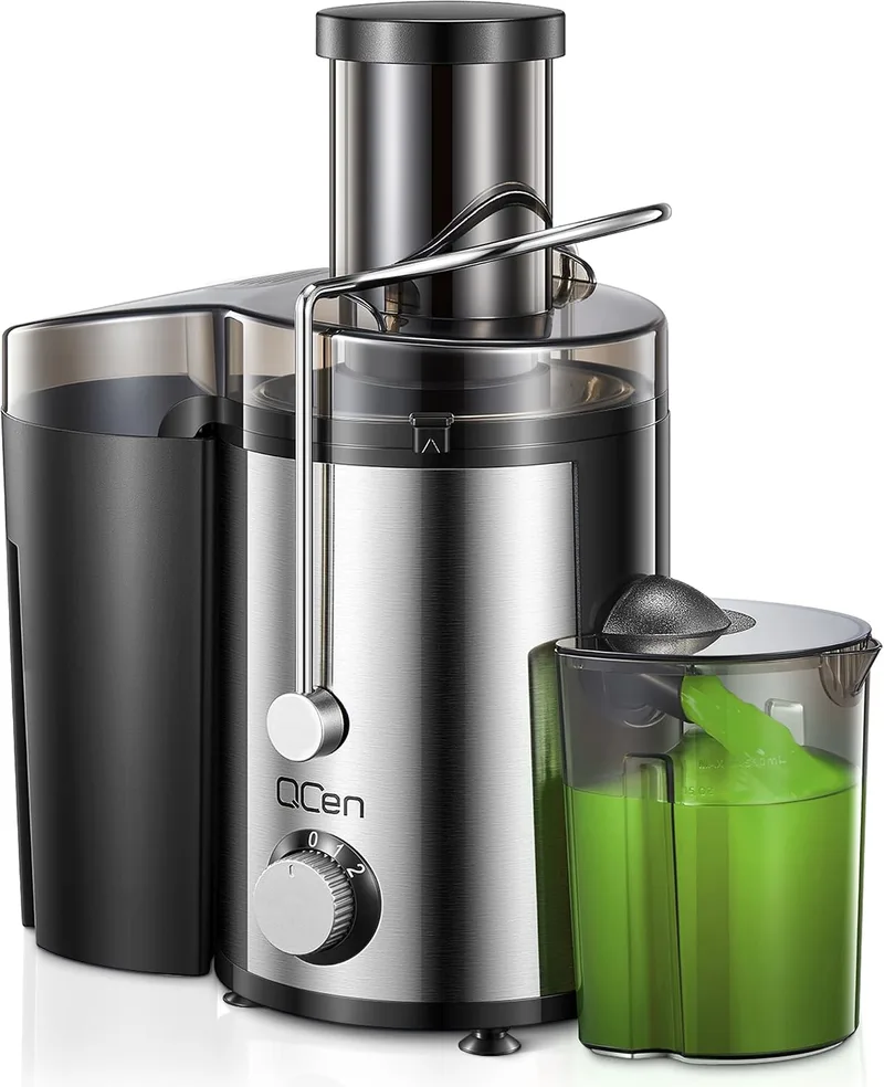 QCen ▫️ Extrator de sumo centrífugo de 800 W com ampla abertura de 3 polegadas, fácil de limpar, em aço inoxidável, sem BPA, ideal para frutas e legumes (Sliver, 800 W)