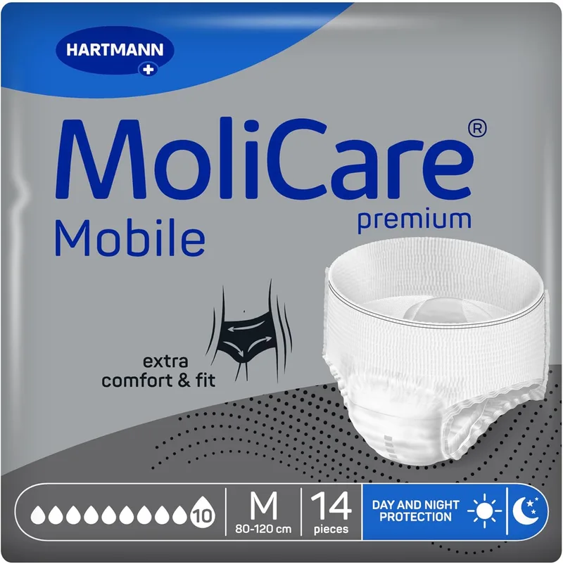 Molicare ▫️ Mobile 10 Gotas Tamanho M, Roupa interior absorvente para mulheres e homens com incontinência grave, proteção contra fugas, agradável à pele, melhor ajuste ao corpo, 14 unidades.