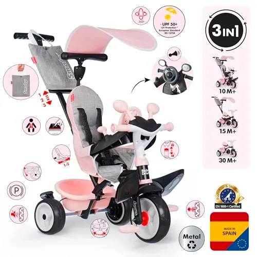 Smoby ▫️ Triciclo Baby Driver Confort Rosa 3 em 1 Progressivo para crianças a partir dos 10 meses, com guarda-sol anti-UV, volante com buzina e rodas silenciosas (7600741504) 2