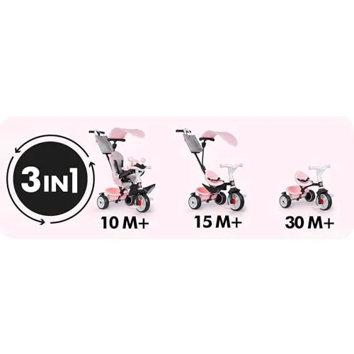 Smoby ▫️ Triciclo Baby Driver Confort Rosa 3 em 1 Progressivo para crianças a partir dos 10 meses, com guarda-sol anti-UV, volante com buzina e rodas silenciosas (7600741504) 3