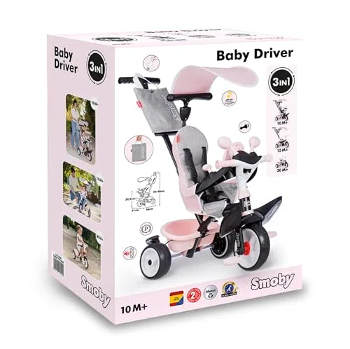 Smoby ▫️ Triciclo Baby Driver Confort Rosa 3 em 1 Progressivo para crianças a partir dos 10 meses, com guarda-sol anti-UV, volante com buzina e rodas silenciosas (7600741504) 7