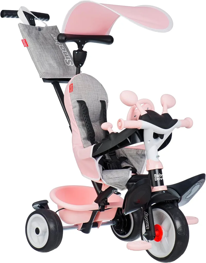 Smoby ▫️ Triciclo Baby Driver Confort Rosa 3 em 1 Progressivo para crianças a partir dos 10 meses, com guarda-sol anti-UV, volante com buzina e rodas silenciosas (7600741504)