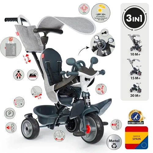 Smoby ▫️ Triciclo Baby Driver Confort Cinzento 3 em 1 Progressivo, Sustentável, Travão de Estacionamento, Barra para os Pais Ajustável, Volante com Buzina, dos 10 meses aos 3 anos (7600741503) 2