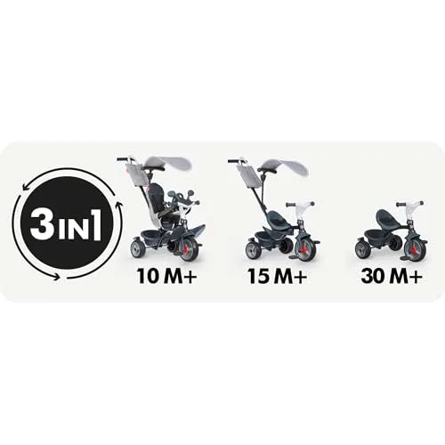 Smoby ▫️ Triciclo Baby Driver Confort Cinzento 3 em 1 Progressivo, Sustentável, Travão de Estacionamento, Barra para os Pais Ajustável, Volante com Buzina, dos 10 meses aos 3 anos (7600741503) 3