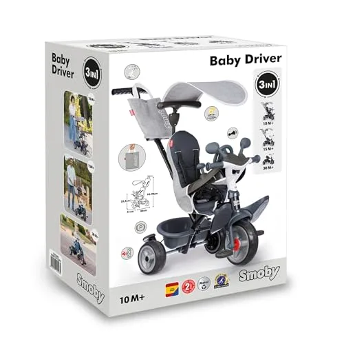 Smoby ▫️ Triciclo Baby Driver Confort Cinzento 3 em 1 Progressivo, Sustentável, Travão de Estacionamento, Barra para os Pais Ajustável, Volante com Buzina, dos 10 meses aos 3 anos (7600741503) 7