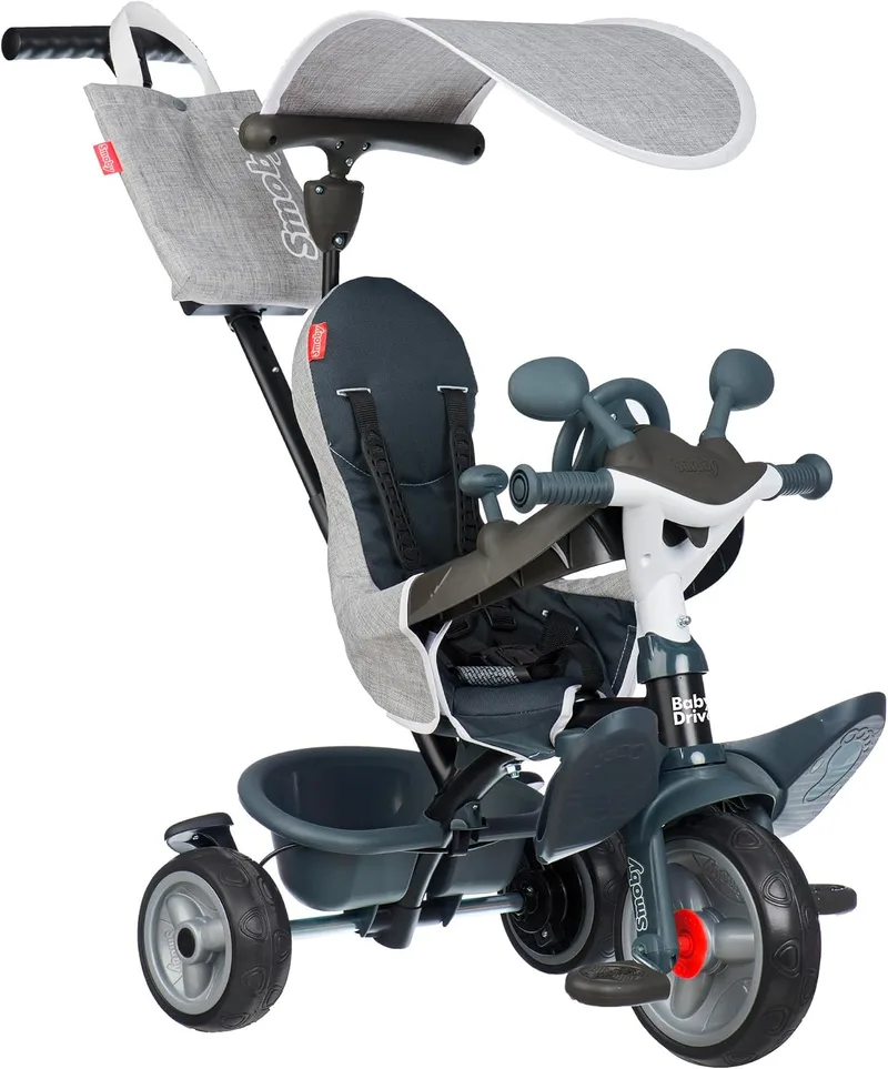 Smoby ▫️ Triciclo Baby Driver Confort Cinzento 3 em 1 Progressivo, Sustentável, Travão de Estacionamento, Barra para os Pais Ajustável, Volante com Buzina, dos 10 meses aos 3 anos (7600741503)