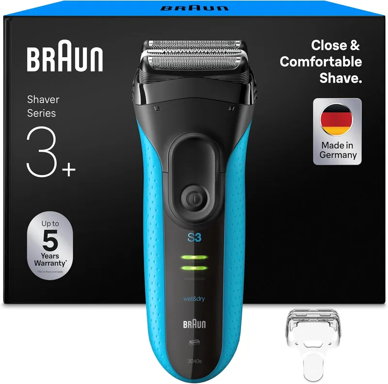 Braun ▫️ Máquina de barbear eléctrica para homem Series 3 ProSkin 3040s, máquina de barbear a seco e a húmido, recarregável durante 45 minutos, pente com microesferas para um barbear suave, preto/azul, cabeça de precisão, recarregável durante 45 minutos, máquina de barbear eléctrica