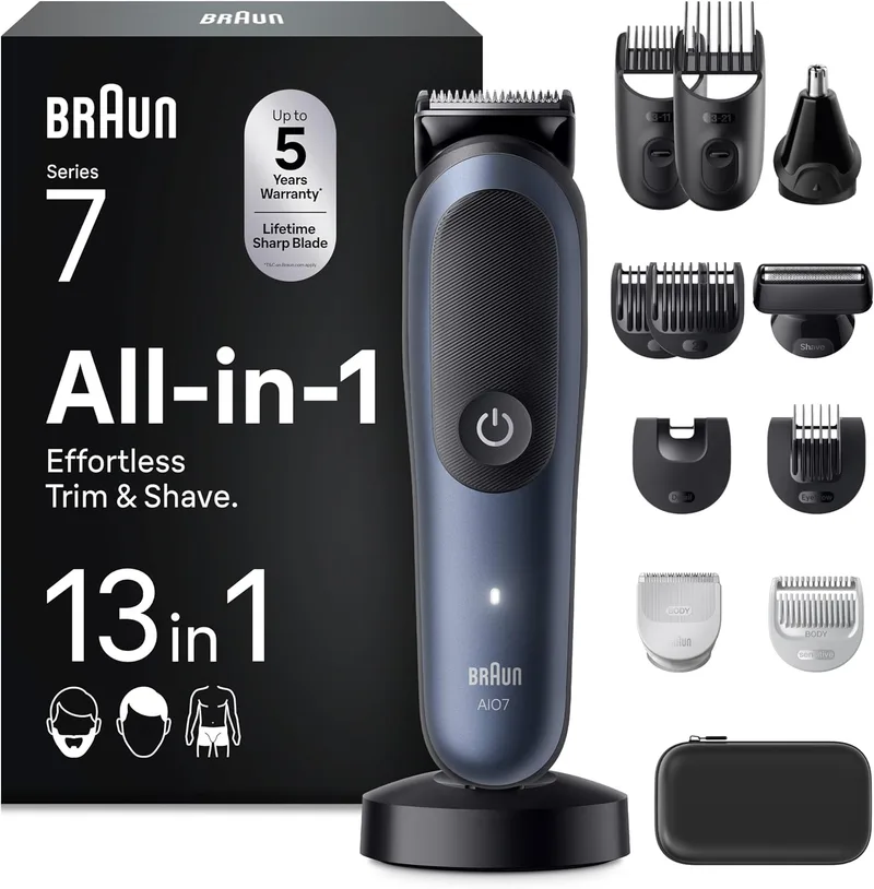 Braun ▫️ Aparador multifuncional Series 7 AIO7565, kit de modelação 13 em 1 para barba, cabelo, orelhas, nariz e corpo, 14 comprimentos, 120 min de tempo de espera, aparador de cabelo para homem com lâmina ultra-afiada, azul