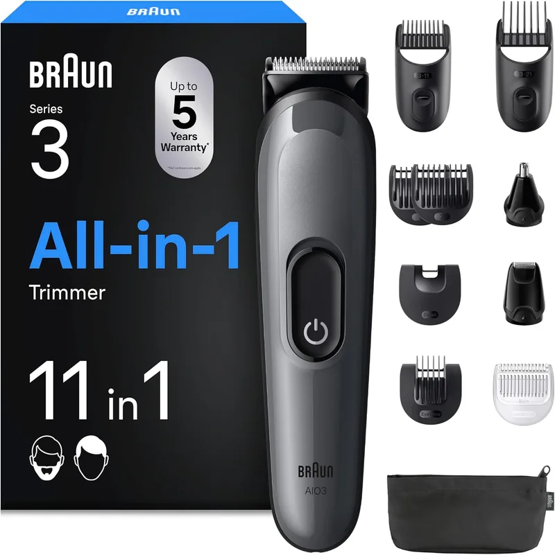 Braun ▫️ Aparador multifuncional Series 3 AIO3565, kit de modelação 11 em 1 para barba e cabelo, 14 comprimentos, máquina de cortar cabelo de 50 minutos, aparador de cabelo para homem, aparar fácil e rapidamente, cinzento
