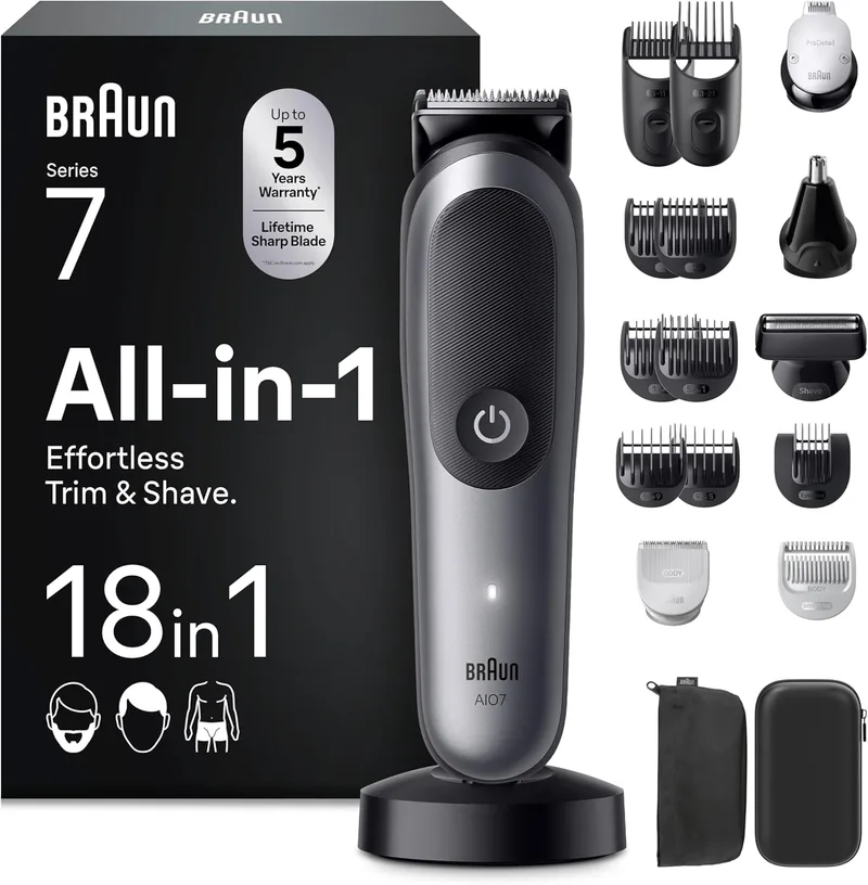 Braun ▫️ Aparador multifuncional Series 7 AIO7585, Kit de modelação 18 em 1 para barba, cabelo, orelhas, nariz e corpo, 120 min de tempo de espera, aparador de cabelo para homem com lâmina ultra-afiada, cinzento