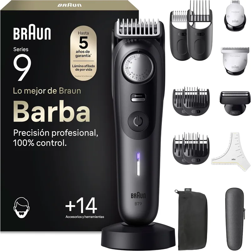 Braun ▫️ Aparador de barba Series 9 BT9565, Titânio - Aparador recarregável e resistente à água, +14 acessórios para a barba, 180 min de autonomia, 52 comprimentos, lâmina ultra afiada