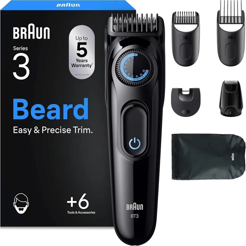 Braun ▫️ Aparador de barba Series 3 BT3565, preto/azul - Aparador de barba recarregável, +6 acessórios de barbear, 50 min de tempo de espera, lâmina de corte ultra-afiada, 40 comprimentos, perfis e aparas