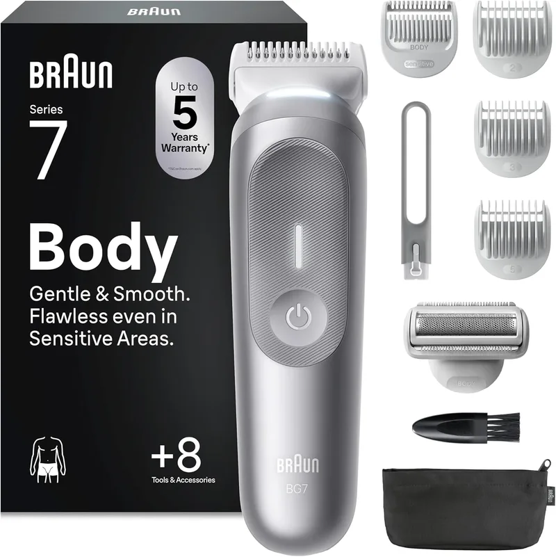 Braun ▫️ Men's Body Groomer Series 7 BG7555, Cinzento - Aparador de pêlos para homem para peles sensíveis, +8 acessórios de barbear, 100 min. de tempo de espera, aparar e barbear, à prova de água