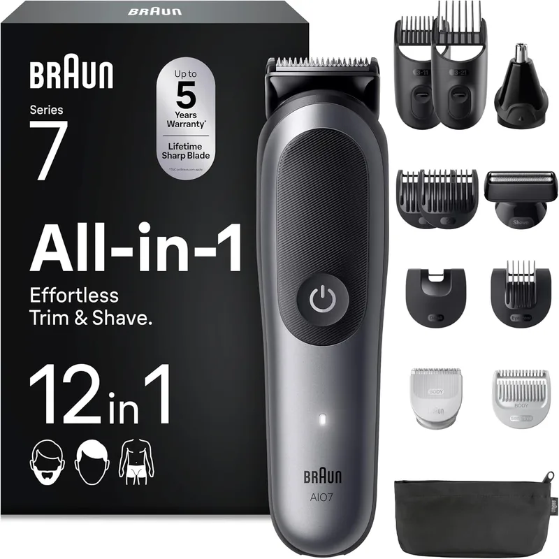 Braun ▫️ All-In-One Trimmer Series 7 AIO7545, 12in1 Styling Kit para barba, cabelo, orelhas, nariz e corpo, 14 comprimentos, 120 min de tempo de espera, cinzento,