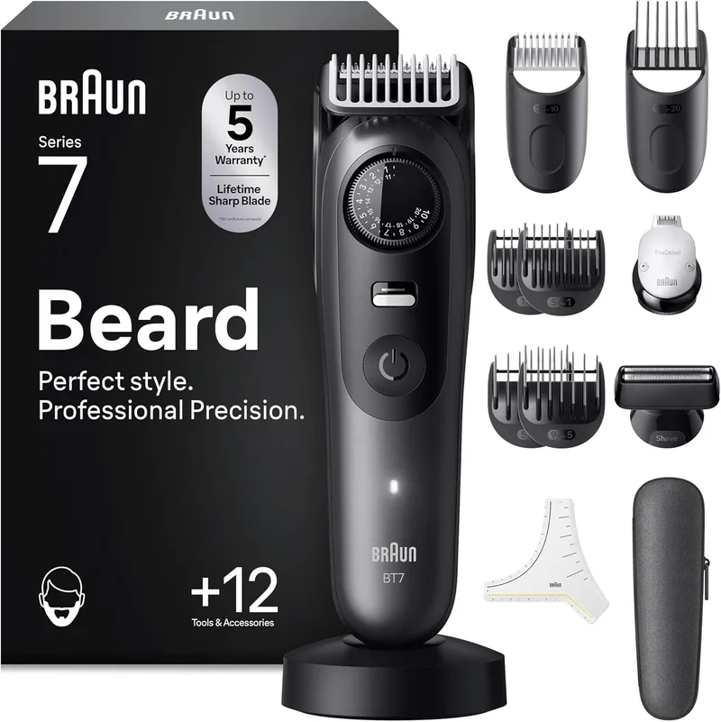 Braun ▫️ Aparador de barba Series 7 BT7545, aparador de barba recarregável à prova de água, +12 acessórios para a barba, 120 min de tempo de espera, 40 comprimentos, lâmina ultra-afiada, cinzento