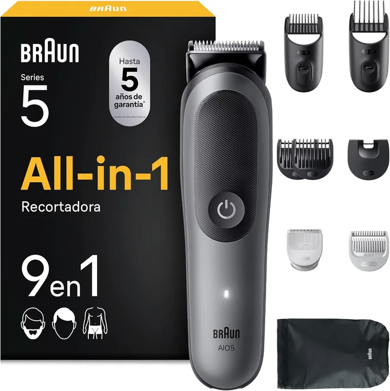 Braun ▫️ Aparador multifunções Series 5 AIO5545, cinzento - Kit de styling 9 em 1 para barba, cabelo, orelhas, nariz e corpo, 120 min, aparador de cabelo para homem com lâmina ultra afiada, corte preciso e eficiente