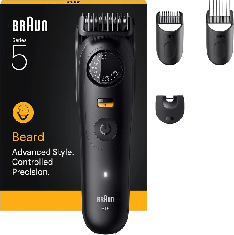 Braun ▫️ Aparador de barba série 5, + 4 ferramentas para criar o seu estilo, lâmina ultrafina, 120 min de tempo de funcionamento, 40 comprimentos, à prova de água, roda de precisão e bloqueio, BT5520, preto