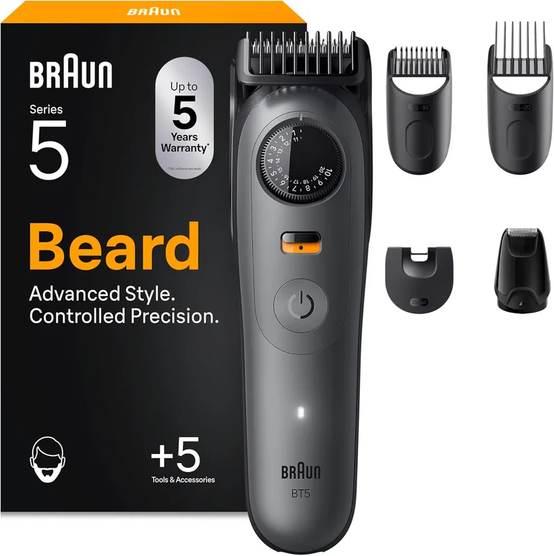 Braun ▫️ Aparador de barba Series 5 BT5525, máquina de barbear recarregável à prova de água, +5 acessórios de barbear, 120 min de tempo de espera, 40 comprimentos, lâmina ultra-afiada, cinzento