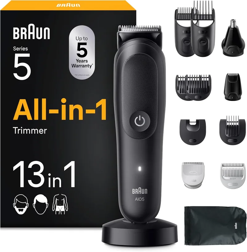Braun ▫️ Aparador multifunções Series 5 AIO5565, Preto - Kit de styling 13 em 1 para barba, cabelo, orelhas, nariz e corpo, 120 min, aparador de cabelo para homem com lâmina ultra afiada, corte preciso e eficiente