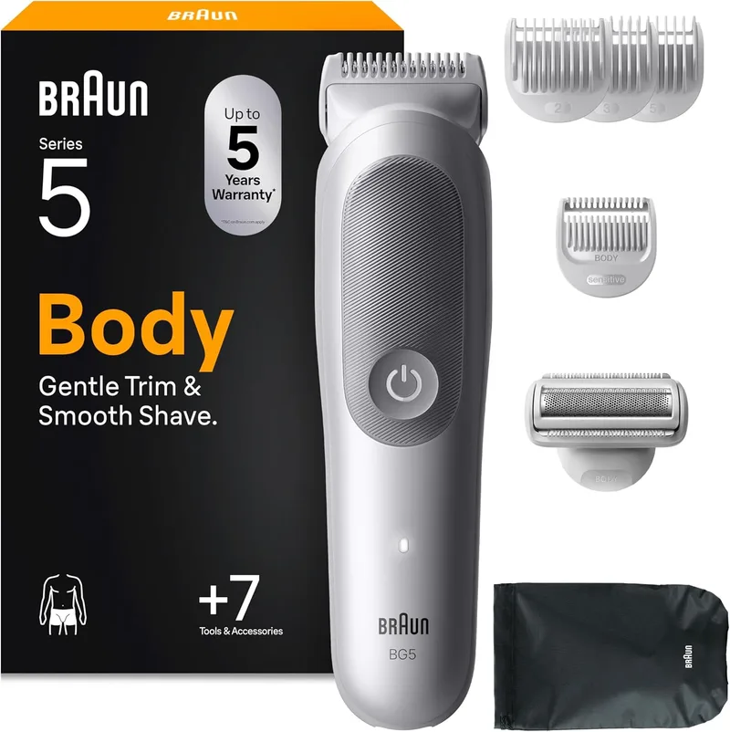 Braun ▫️ Aparador Corporal Série 5 BG5555, Máquina de Barbear Corporal para Peles Sensíveis, +7 Acessórios de Barbeado, 100 Min de Autonomia, Aparar e Barbeia, Resistente à Água, Cinzento