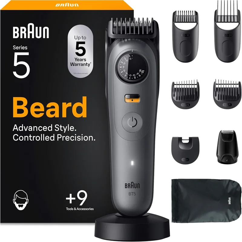 Braun ▫️ Aparador de barba Series 5 BT5565, cinzento - Aparador recarregável à prova de água, +9 acessórios de barbear, 120 minutos de autonomia, 40 comprimentos, lâmina ultra afiada