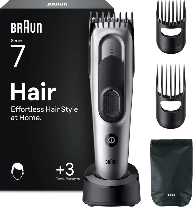 Braun ▫️ Hair Clippers Series 7 HC7590, máquinas de cortar cabelo para homem, +5 acessórios para penteados, lâmina de corte ultra-afiada, 17 comprimentos, 50 min. de tempo de espera, lavável, cinzento