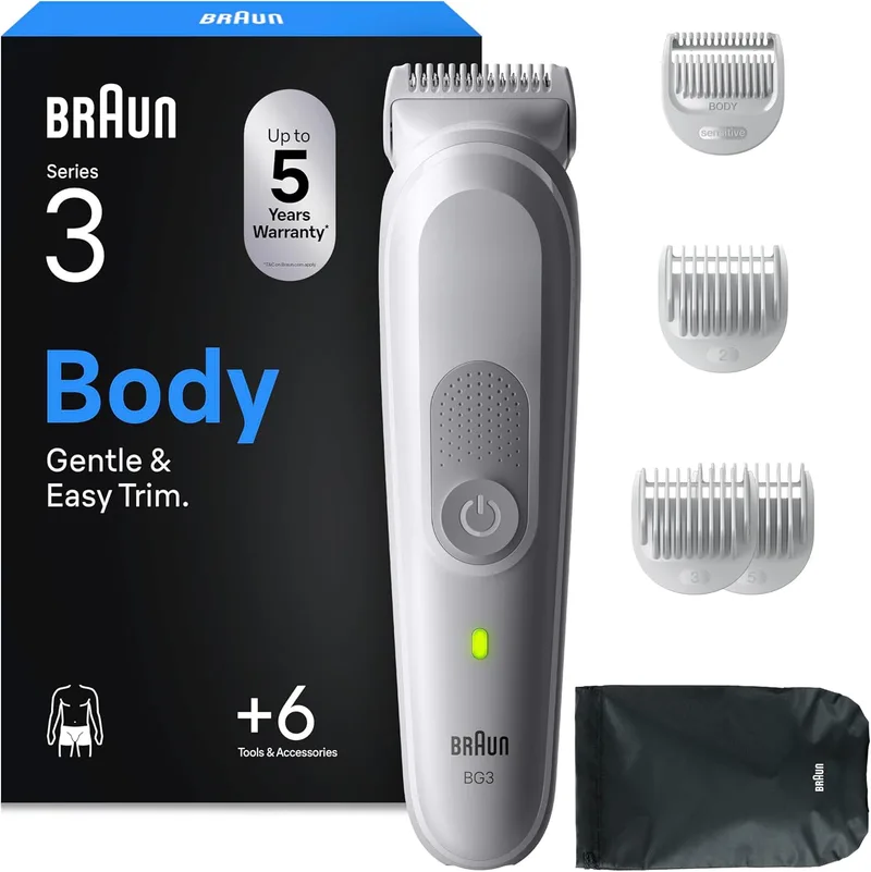 Braun ▫️ Máquina de Barbear Corporal Série 3 BG3575, Máquina de Barbear Corporal para Peles Sensíveis, +6 Acessórios de Barbeado, 80 Minutos de Autonomia, Barbeia e Apara, Resistente à Água, Cinza