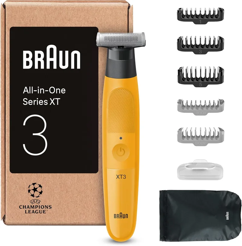 Braun ▫️ Series XT3 XT3205, Máquina de barbear eléctrica multifuncional, +7 acessórios de modelação, aparador de pêlos para homem à prova de água, 4D Flexi-Flute, 45 min. de tempo de espera, aparar e barbear, amarelo