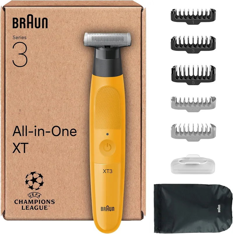 Braun ▫️ Máquina de barbear eléctrica multifunções Series XT3, XT3205, Amarela - 7 acessórios para penteados, à prova de água, recarregável, aparador de pêlos para homem, recarregável, 4D Flexi-Flute, 45 min de utilização, aparar e barbear