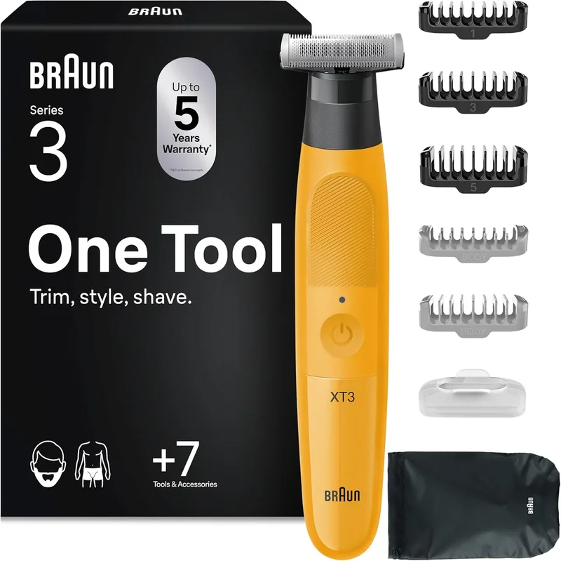 Braun ▫️ Series XT3 Máquina de barbear elétrica multifunções, XT3205, amarela - 7 acessórios de styling, máquina de cortar cabelo para homem à prova de água, recarregável, lâmina afiada Flex 4D, 45 minutos de autonomia, apara e faz a barba