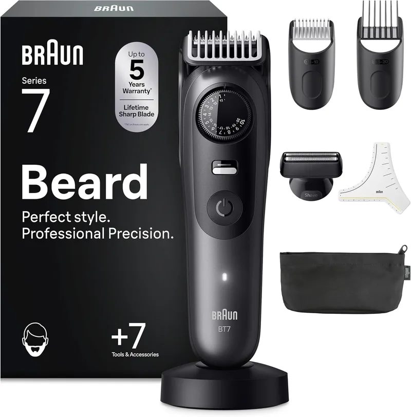 Braun ▫️ Aparador de barba Series 7 BT7525, +7 acessórios para barba, 40 comprimentos, lâmina ProBlade, cinzento