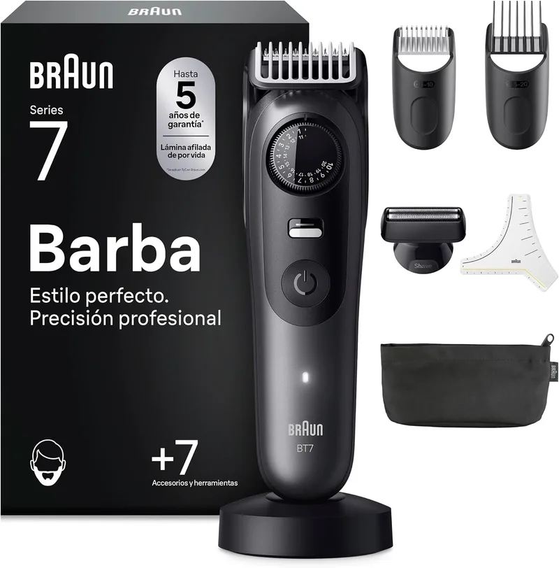 Braun ▫️ Aparador de barba Série 7 BT7525, +7 acessórios para barba, 40 comprimentos, lâmina ProBlade, cinzento