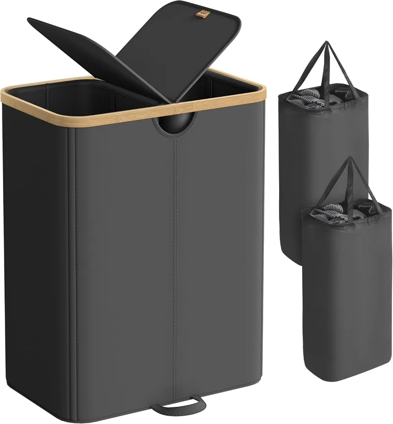 SONGMICS ▫️ Cesto para roupa suja com 2 compartimentos, cesto para roupa suja, 150 L, separador de tampas, sacos para roupa suja amovíveis, lavandaria, quarto, sala de estar, preto tinta e bege natural LCB523B01