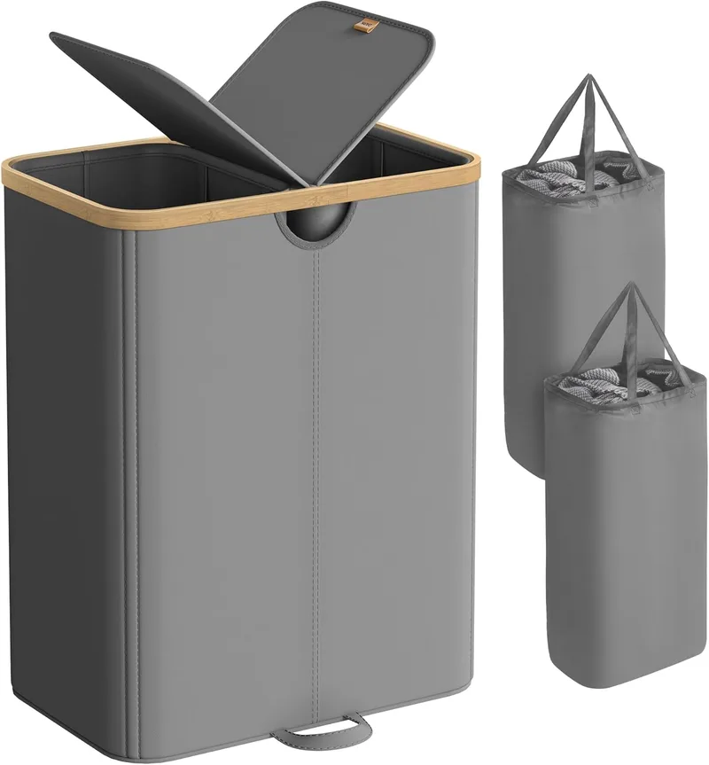 SONGMICS ▫️ Cesto para roupa suja com 2 compartimentos, cesto para roupa suja, 150 L, organizador com tampa, sacos de roupa removíveis, para lavandaria, quarto, sala de estar, cinzento ardósia e bege natural LCB523G01