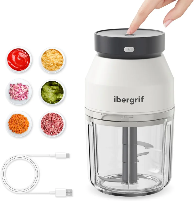 Ibergrif ▫️ M503 Picador de Alimentos Elétrico, Moedor de Alimentos Elétrico Multifunções, 400 ml, Carregador USB Portátil, Mini Picador de Alimentos para Cebolas, Frutas, Nozes, Carne, Alho, etc.