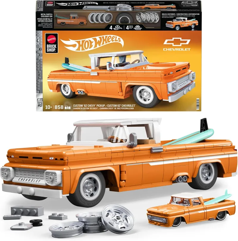 Mattel Brick Shop ▫️ Hot Wheels: Carrinha Chevy '62 personalizada, com 858 peças, detalhes realistas e autocolantes para personalizar, para colecionadores adultos e crianças a partir dos 10 anos, JFT20