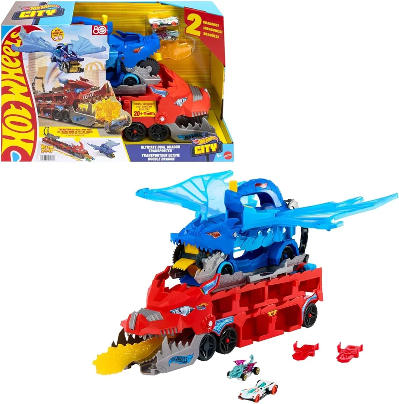 Hot Wheels ▫️ City Ultimate Dual Dragon Transporter e 2 carros