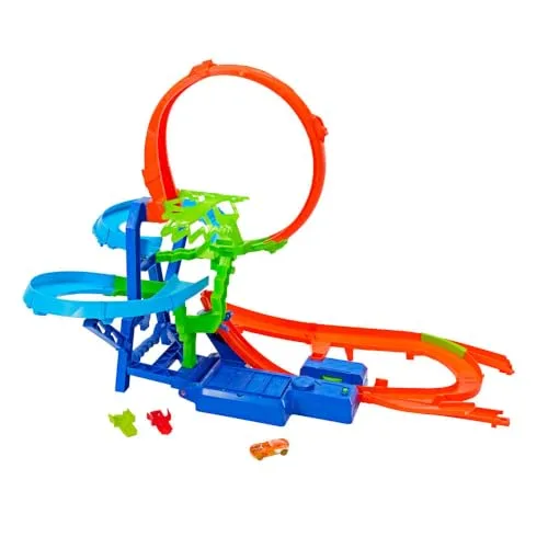 Hot Wheels ▫️ Colisão no Ar – Conjunto de pista e carro de brincar, pista de acrobacias com um carro metálico à escala 1:64 com motor para correr e fazer acrobacias sem parar, JKJ78 4