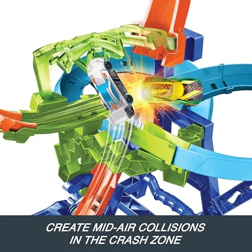 Hot Wheels ▫️ Colisão no Ar – Conjunto de pista e carro de brincar, pista de acrobacias com um carro metálico à escala 1:64 com motor para correr e fazer acrobacias sem parar, JKJ78 5