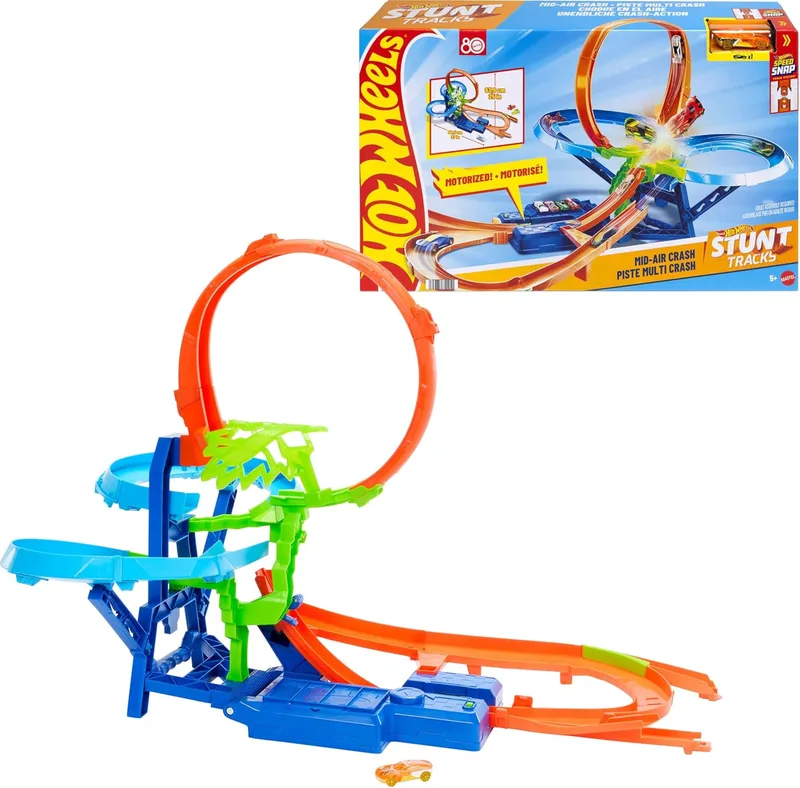 Hot Wheels ▫️ Colisão no Ar – Conjunto de pista e carro de brincar, pista de acrobacias com um carro metálico à escala 1:64 com motor para correr e fazer acrobacias sem parar, JKJ78