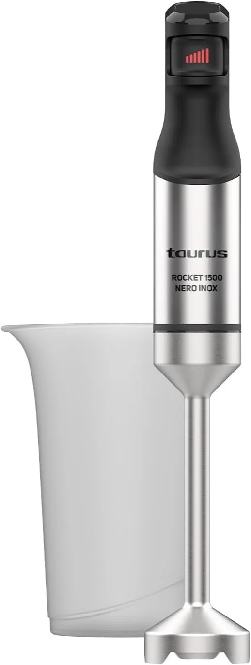 Taurus ▫️ Batedeira Manual Profissional Rocket 1500 Nero Inox 1500 W com Regulador Contínuo, Vareta e Lâminas em Aço Inoxidável, Tampa Anti-salpicos, Soft Touch, Adequada para a máquina de lavar louça, Uso Diário, Fácil de Utilizar
