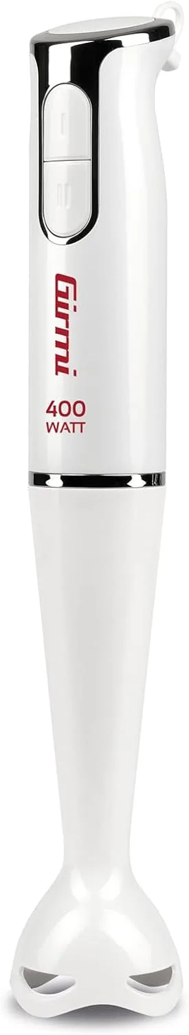 Girmi ▫️ Batedeira de imersão MX04, 400 W, motor CC, 2 velocidades, lâminas em aço inoxidável, base anti-salpicos, cor branca